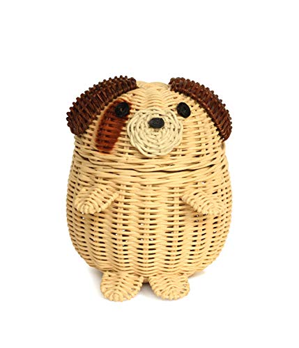 G6 COLLECTION Dog Rattan Storage Basket with Lid Decorative Home Decor Hand Woven Shelf Organizer Cute Handmade Handcrafted Nursery Gift Art Animal Decoration Artwork Wicker Puppy (Small)