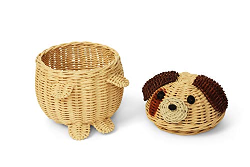 G6 COLLECTION Dog Rattan Storage Basket with Lid Decorative Home Decor Hand Woven Shelf Organizer Cute Handmade Handcrafted Nursery Gift Art Animal Decoration Artwork Wicker Puppy (Small)