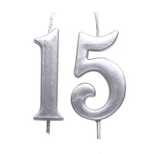 magjuche silver 15th birthday numeral candle, number 15 cake topper candles party decoration for girl or boy