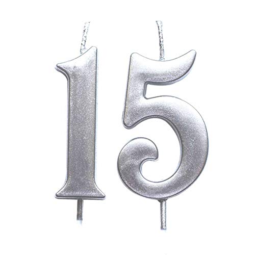 MAGJUCHE Silver 15th Birthday Numeral Candle, Number 15 Cake Topper Candles Party Decoration for Girl Or Boy