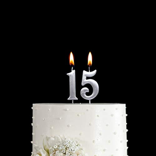 MAGJUCHE Silver 15th Birthday Numeral Candle, Number 15 Cake Topper Candles Party Decoration for Girl Or Boy