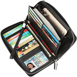 lavemi women’s rfid blocking 100% leather large capacity zip around wallet phone holder clutch travel purse wristlet(large size pebble black)