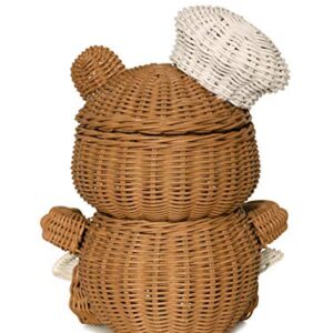 G6 COLLECTION Bear Rattan Storage Basket With Lid Decorative Bin Home Decor Hand Woven Shelf Organizer Cute Handmade Handcrafted Gift Art Decoration Artwork Wicker Bear (Chef Bear)