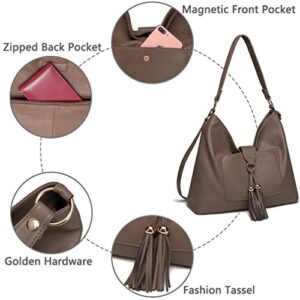 VASCHY Shoulder Bag Purse for Women, SAC PU Leather Fashion Vintage Tassel Hobo Handbag Purse Tote with Detachable Crossbody Shoulder Strap Khaki