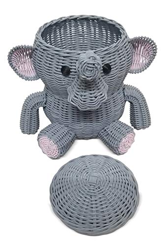 G6 COLLECTION Large Elephant Rattan Storage Basket With Lid Decorative Bin Home Decor Hand Woven Shelf Organizer Cute Handmade Handcrafted Gift Art Decoration Artwork Wicker Elephant (Large, Gray)