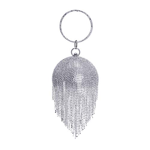 UMREN Women Round Ball Crystal Evening Clutch Purse Tassel Wedding Party Hand Bags Silver