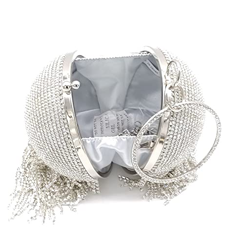 UMREN Women Round Ball Crystal Evening Clutch Purse Tassel Wedding Party Hand Bags Silver