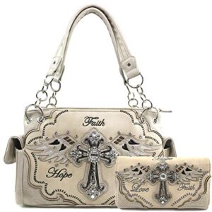 justin west women’s concealed carry angel wings cross faith hope love western handbag tote purse (beige handbag wallet set)