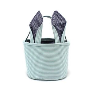 Easter Baskets Seersucker Easter Bunny Bag Bucket for Easter Egg Hunt Bunny Ears Design (Blue)