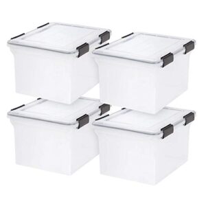 iris usa 32 quart weatherpro letter size portable file box, plastic storage container with durable lid and seal and secure latching buckles, weathertight, clear with black buckles, 4 pack