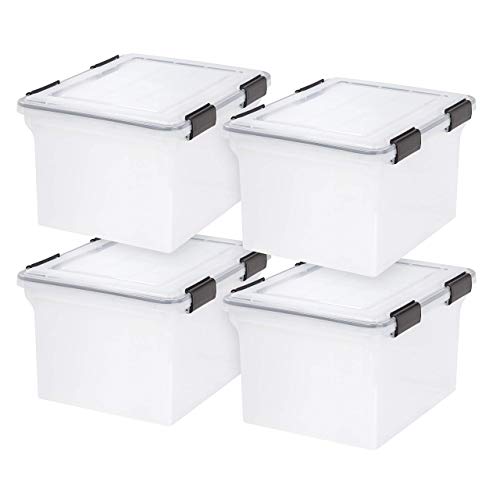 IRIS USA 32 Quart WEATHERPRO Letter Size Portable File Box, Plastic Storage Container with Durable Lid and Seal and Secure Latching Buckles, Weathertight, Clear with Black Buckles, 4 Pack