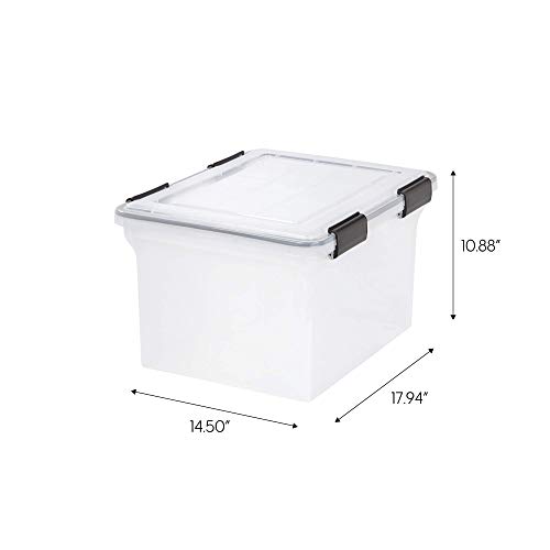 IRIS USA 32 Quart WEATHERPRO Letter Size Portable File Box, Plastic Storage Container with Durable Lid and Seal and Secure Latching Buckles, Weathertight, Clear with Black Buckles, 4 Pack