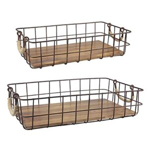 stonebriar stackable 2pc rectangle metal wire and wood basket set with rope wrapped handles, rustic decor for home storage, decorative serving baskets for weddings, birthdays, and holiday parties