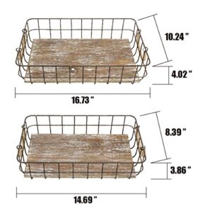 Stonebriar Stackable 2pc Rectangle Metal Wire and Wood Basket Set with Rope Wrapped Handles, Rustic Decor for Home Storage, Decorative Serving Baskets for Weddings, Birthdays, and Holiday Parties