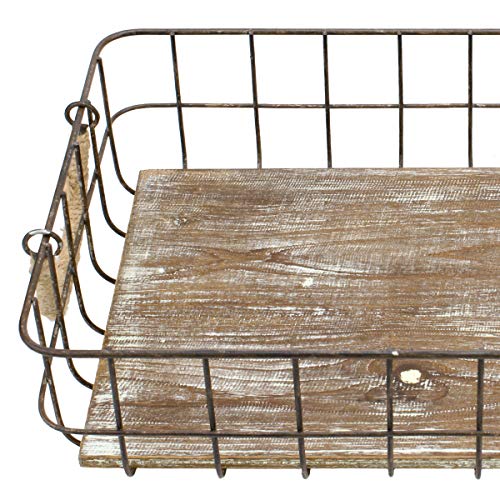 Stonebriar Stackable 2pc Rectangle Metal Wire and Wood Basket Set with Rope Wrapped Handles, Rustic Decor for Home Storage, Decorative Serving Baskets for Weddings, Birthdays, and Holiday Parties