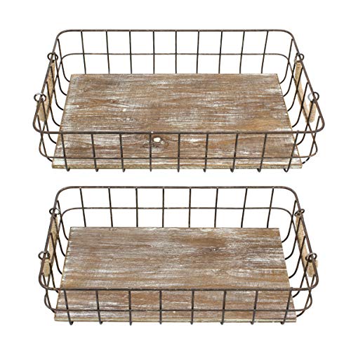 Stonebriar Stackable 2pc Rectangle Metal Wire and Wood Basket Set with Rope Wrapped Handles, Rustic Decor for Home Storage, Decorative Serving Baskets for Weddings, Birthdays, and Holiday Parties