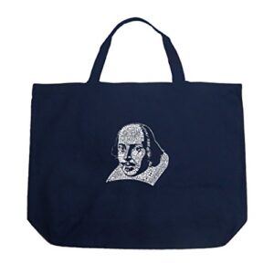 LA POP ART Word Art Large Tote Bag - The Titles of All of William Shakespeare's Comedies & Tragedies Navy Blue