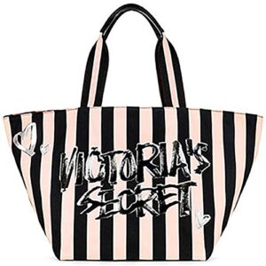 victoria’s secret striped iconic beauty tote pink black canvas bag