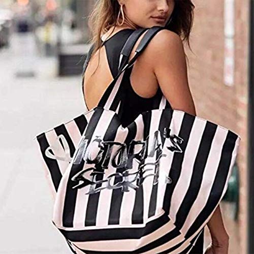 Victoria's Secret Striped Iconic Beauty Tote Pink Black Canvas Bag