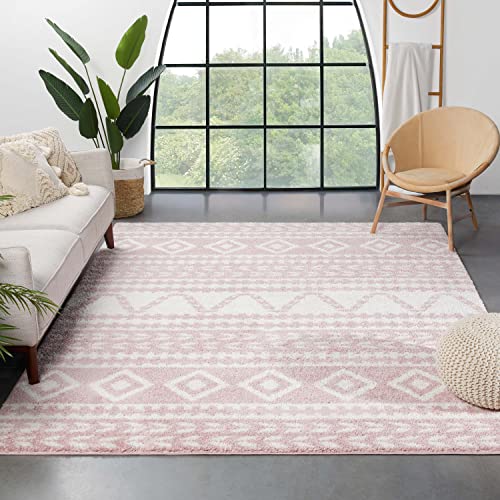 Well Woven Tribal Diamond Stripes Blush Pink Soft Shag Area Rug 5x7 (5'3"x7'3")