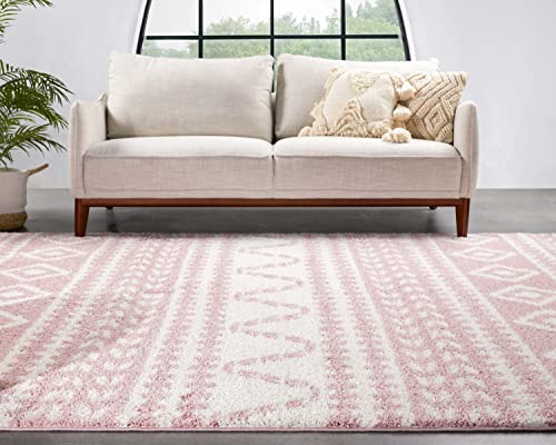 Well Woven Tribal Diamond Stripes Blush Pink Soft Shag Area Rug 5x7 (5'3"x7'3")