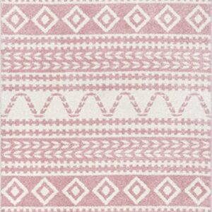 Well Woven Tribal Diamond Stripes Blush Pink Soft Shag Area Rug 5x7 (5'3"x7'3")