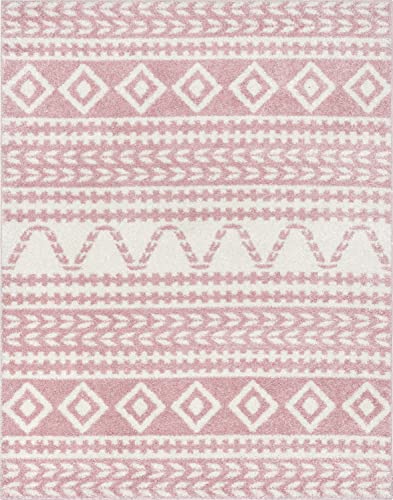 Well Woven Tribal Diamond Stripes Blush Pink Soft Shag Area Rug 5x7 (5'3"x7'3")