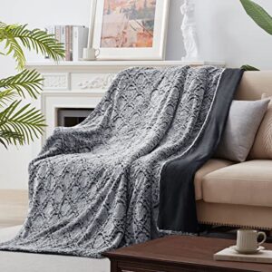 KAWAHOME Faux Fur Blanket King Size Winter Super Soft Cozy Warm Fluffy Plush Blanket Quatrefoil Pattern for Couch Sofa Bed, 108" X 90" Dark Grey