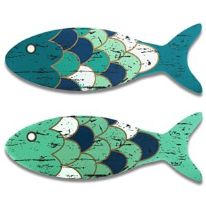 2 pcs wooden fish wall decor, blue and teal nautical wall decor, lake house decorations, wood fish decor vintage style for bathroom, patio