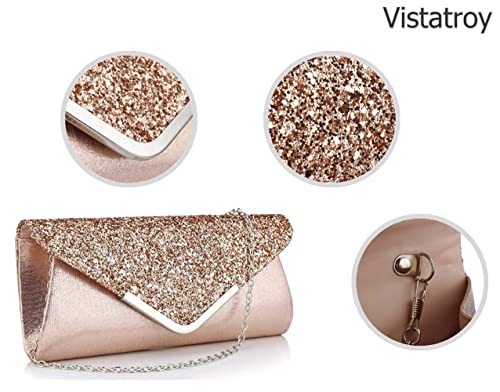 Vistatroy Women Glitter Sequins Envelope Evening Bag Handbag Party Bridal Clutch Purse (Rose Gold)