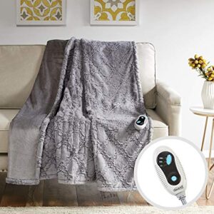 beautyrest brushed long fur electric throw blanket ogee pattern warm and soft heated wrap with auto shutoff, 50 in x 60 in, grey