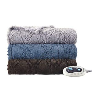 Beautyrest Brushed Long Fur Electric Throw Blanket Ogee Pattern Warm and Soft Heated Wrap with Auto Shutoff, 50 in x 60 in, Grey