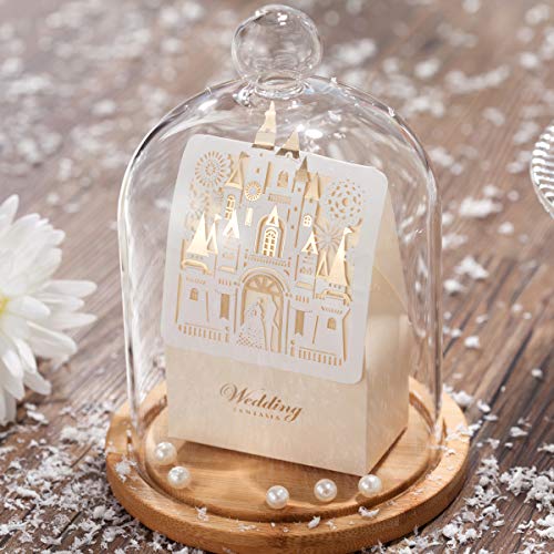 Hosmsua 50pcs Laser Cut Wedding Favor Boxes Candy Box Gift Bag Bride and Groom Paper Bags with Romantic Castle Design (Beige) CB5093