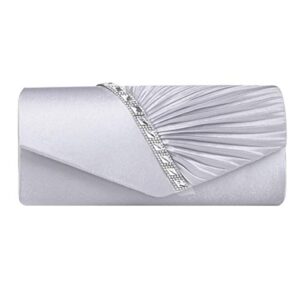goclothod evening clutch handbag women fashion pleated crystal-studded crossbody shoulder bag chain clutch purse (silver)