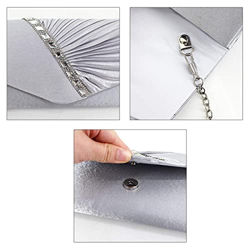 Goclothod Evening Clutch Handbag Women Fashion Pleated Crystal-Studded Crossbody Shoulder Bag Chain Clutch Purse (Silver)