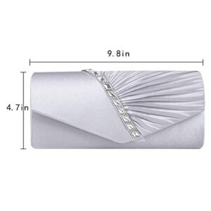 Goclothod Evening Clutch Handbag Women Fashion Pleated Crystal-Studded Crossbody Shoulder Bag Chain Clutch Purse (Silver)