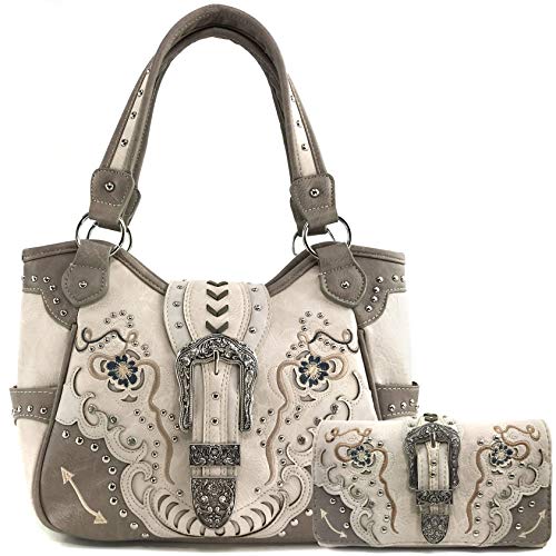 Zelris Floral Poppy Buckle Western Women Conceal Carry Tote Handbag Purse Set (Beige Silver)