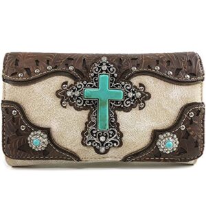 zelris turquoise rhinestone cross western women crossbody wrist trifold wallet (beige)