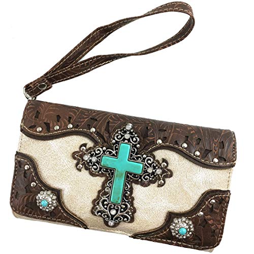 Zelris Turquoise Rhinestone Cross Western Women Crossbody Wrist Trifold Wallet (Beige)