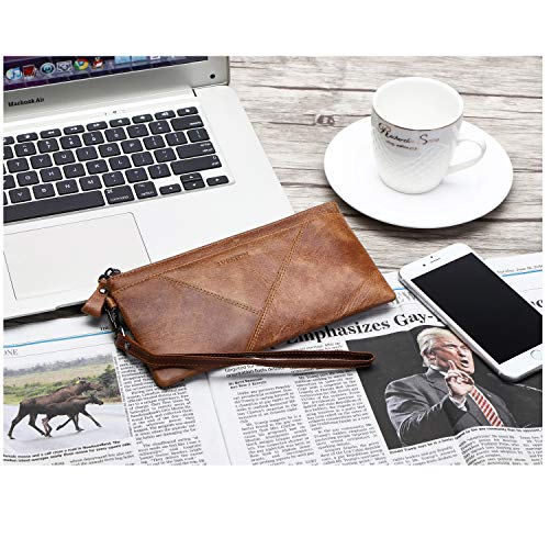 IVESIGN Women Genuine Leather Wristlet Zipper Clutch Wallet RFID Blocking Credit Card Phone Holder Hand Purse Large Capacity Brown