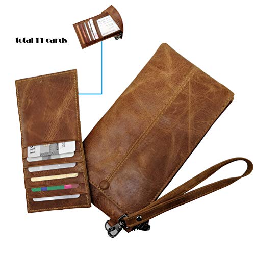 IVESIGN Women Genuine Leather Wristlet Zipper Clutch Wallet RFID Blocking Credit Card Phone Holder Hand Purse Large Capacity Brown