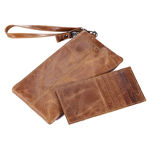 IVESIGN Women Genuine Leather Wristlet Zipper Clutch Wallet RFID Blocking Credit Card Phone Holder Hand Purse Large Capacity Brown