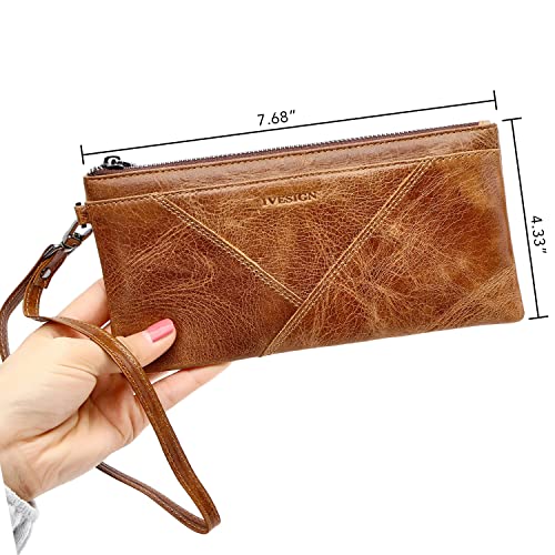 IVESIGN Women Genuine Leather Wristlet Zipper Clutch Wallet RFID Blocking Credit Card Phone Holder Hand Purse Large Capacity Brown