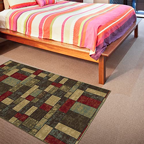 Machine Washable Boxes Design Non-Slip Rubberback 3x5 Traditional Area Rug for Living Room, Bedroom, Kitchen, 3'3" x 5', Multicolor