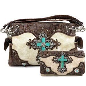zelris turquoise rhinestone cross western women conceal carry handbag wallet set (beige)