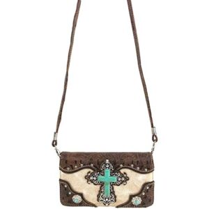 Zelris Turquoise Rhinestone Cross Western Women Conceal Carry Handbag Wallet Set (Beige)