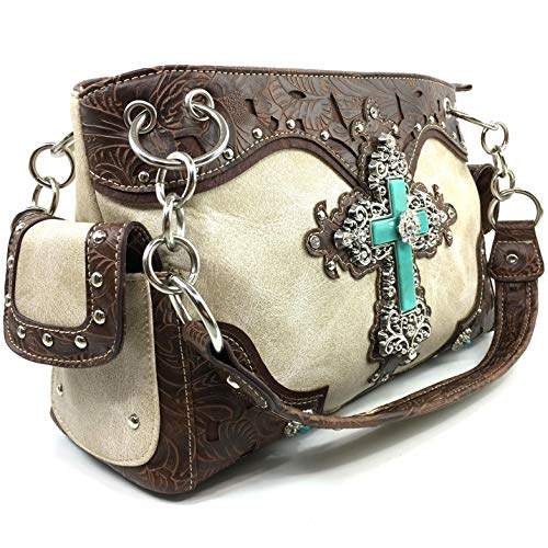 Zelris Turquoise Rhinestone Cross Western Women Conceal Carry Handbag Wallet Set (Beige)