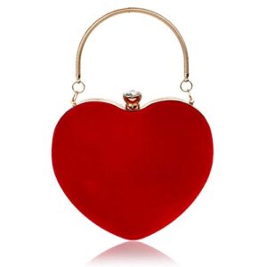 womens velour heart clutch bag vintage shoulder handbag ladies elegant purse for wedding evening (red)