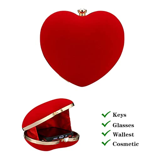 Womens Velour Heart Clutch Bag Vintage Shoulder Handbag Ladies Elegant Purse for Wedding Evening (Red)