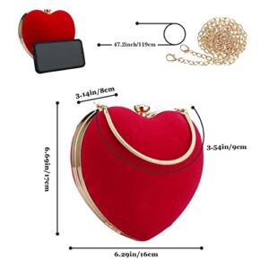 Womens Velour Heart Clutch Bag Vintage Shoulder Handbag Ladies Elegant Purse for Wedding Evening (Red)